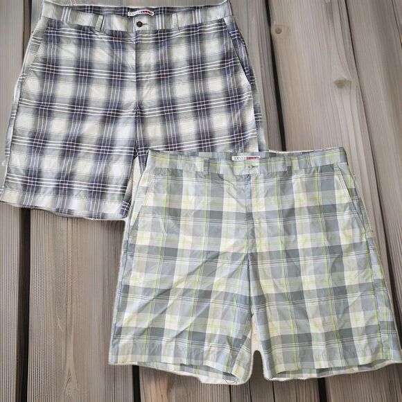 2 Pair Grand Slam Golf Shorts Size 40 Gray 1-Green & 1-Purple Plaid Flat Front - Picture 1 of 5